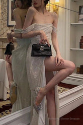 Elegant Mermaid Off the Shoulder Silver Sequins Long Prom Dress with Split Front